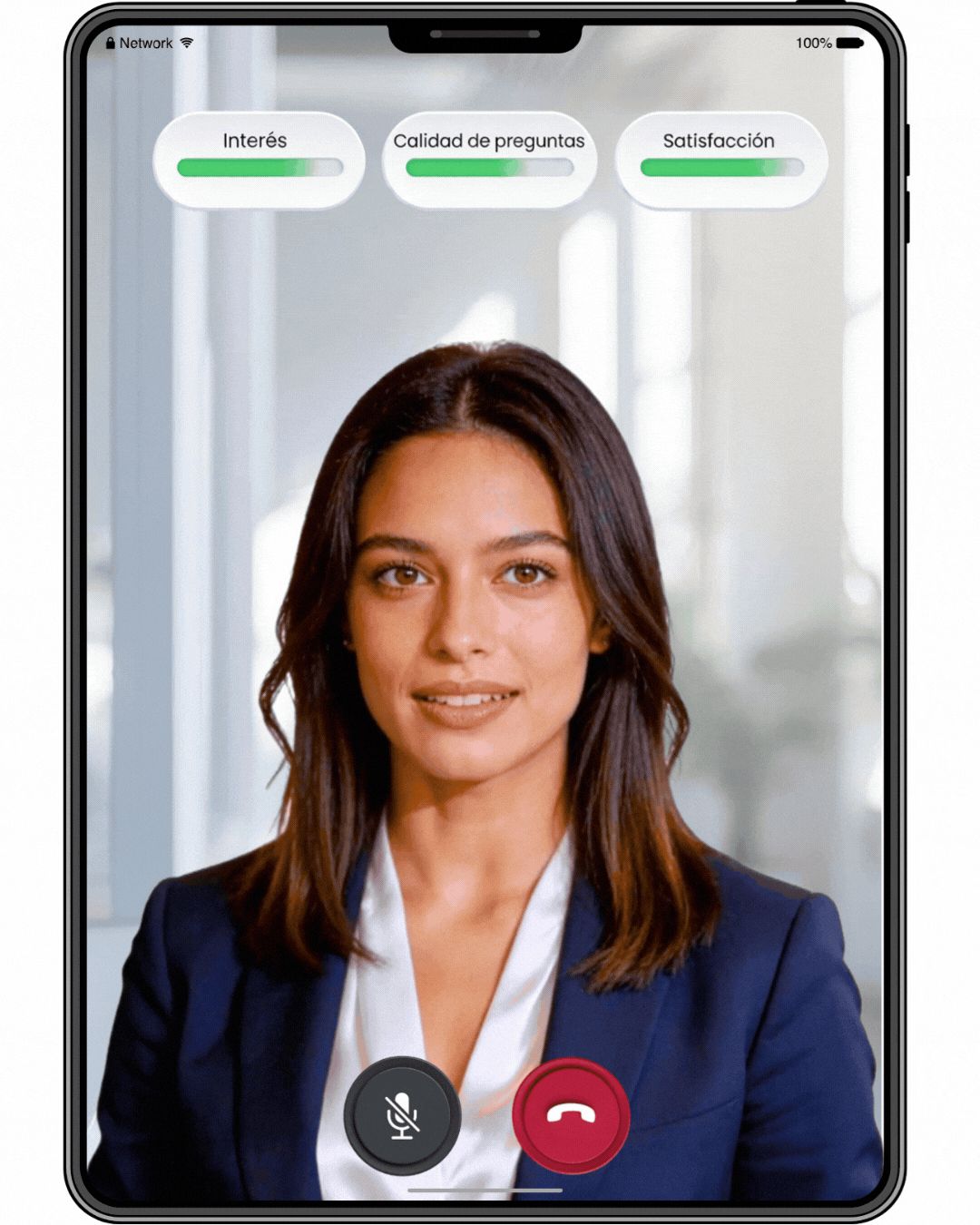 AI Role Play: videollamada con un interlocutor de IA y métricas en vivo de interés, calidad de preguntas y satisfacción