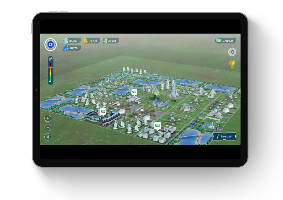 Pantalla del juego Kepler: una ciudad simulada con recursos, nivel y objetivos